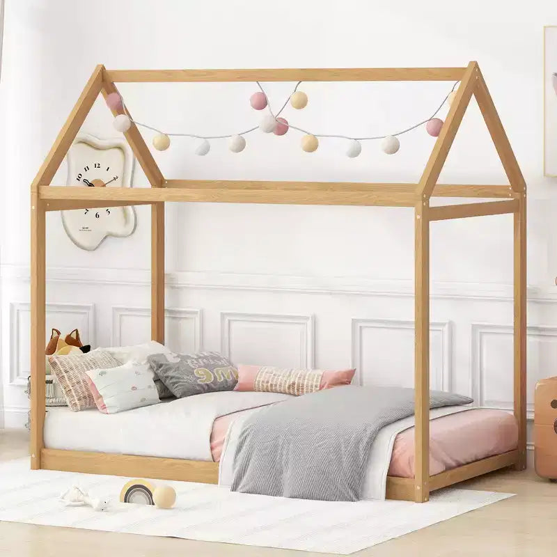 Twin Size House-Shaped Roof Wooden Bed Frame, Modern Floor Bed for Toddlers/Kids Bedroom
