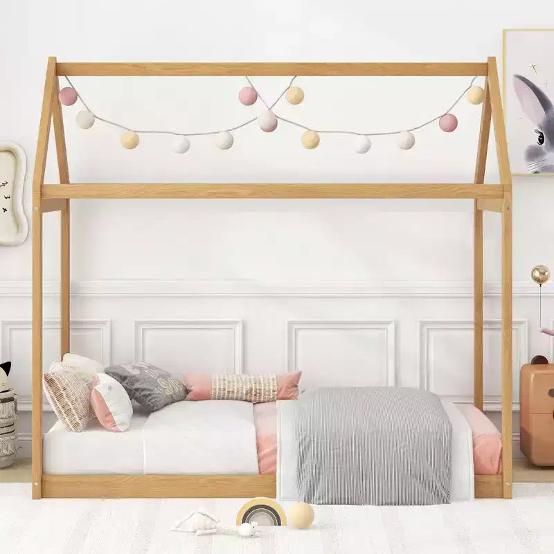 Twin Size House-Shaped Roof Wooden Bed Frame, Modern Floor Bed for Toddlers/Kids Bedroom