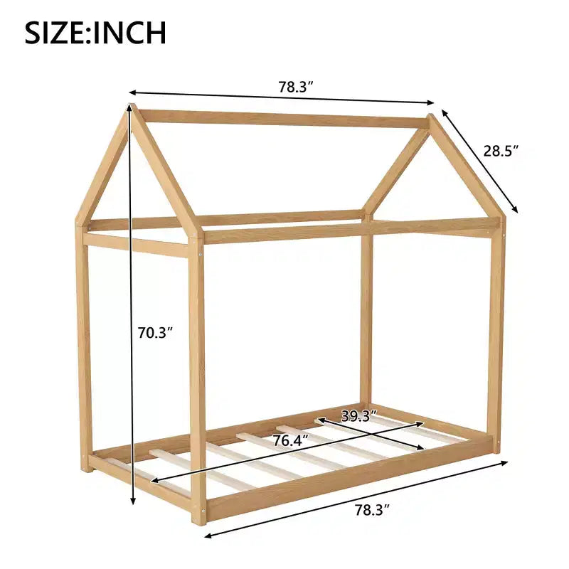 Twin Size House-Shaped Roof Wooden Bed Frame, Modern Floor Bed for Toddlers/Kids Bedroom
