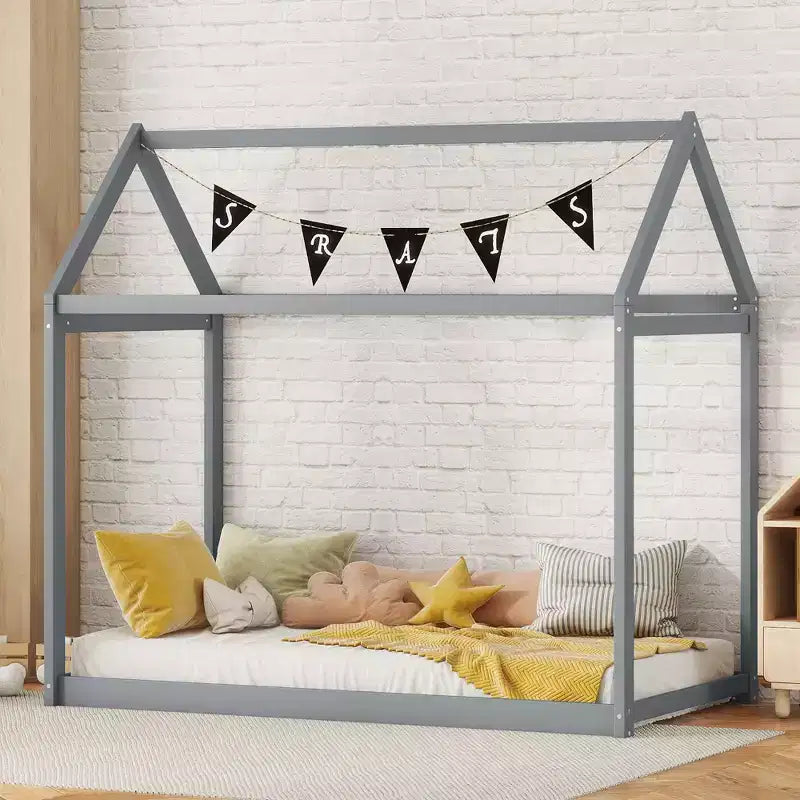 Twin Size House-Shaped Roof Wooden Bed Frame, Modern Floor Bed for Toddlers/Kids Bedroom