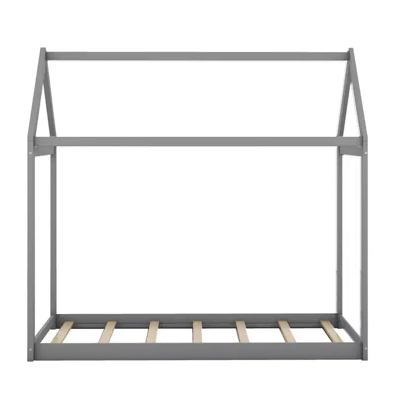 Twin Size House-Shaped Roof Wooden Bed Frame, Modern Floor Bed for Toddlers/Kids Bedroom