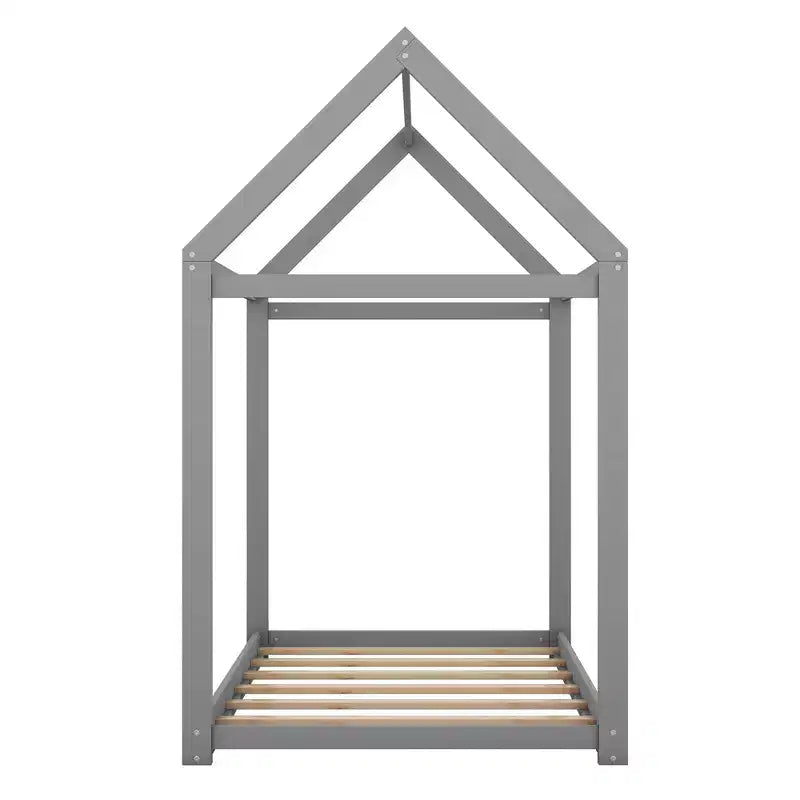 Twin Size House-Shaped Roof Wooden Bed Frame, Modern Floor Bed for Toddlers/Kids Bedroom