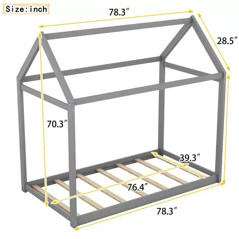 Twin Size House-Shaped Roof Wooden Bed Frame, Modern Floor Bed for Toddlers/Kids Bedroom