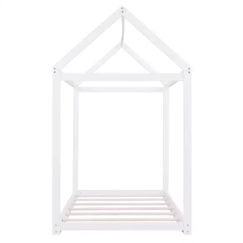 Twin Size House-Shaped Roof Wooden Bed Frame, Modern Floor Bed for Toddlers/Kids Bedroom