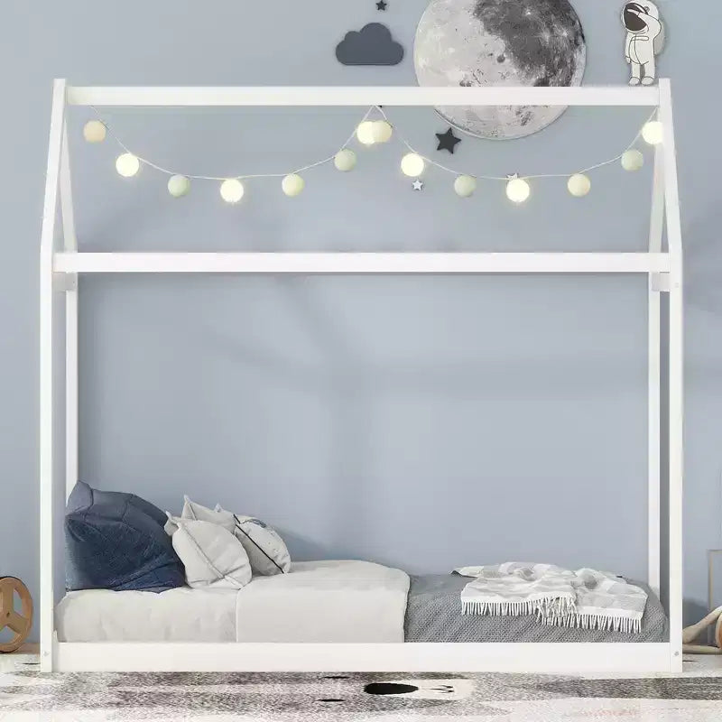 Twin Size House-Shaped Roof Wooden Bed Frame, Modern Floor Bed for Toddlers/Kids Bedroom
