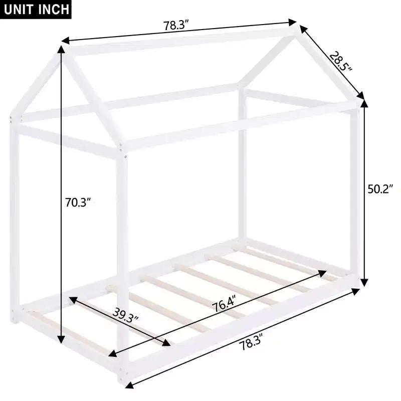 Twin Size House-Shaped Roof Wooden Bed Frame, Modern Floor Bed for Toddlers/Kids Bedroom