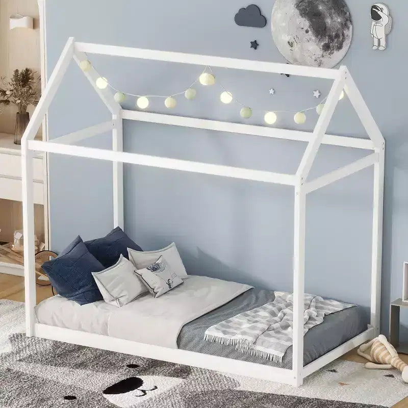 Twin Size House-Shaped Roof Wooden Bed Frame, Modern Floor Bed for Toddlers/Kids Bedroom