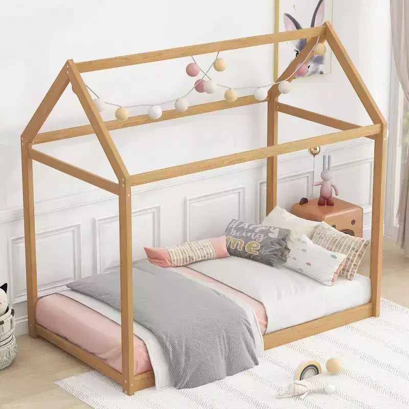 Twin Size House-Shaped Roof Wooden Bed Frame, Modern Floor Bed for Toddlers/Kids Bedroom