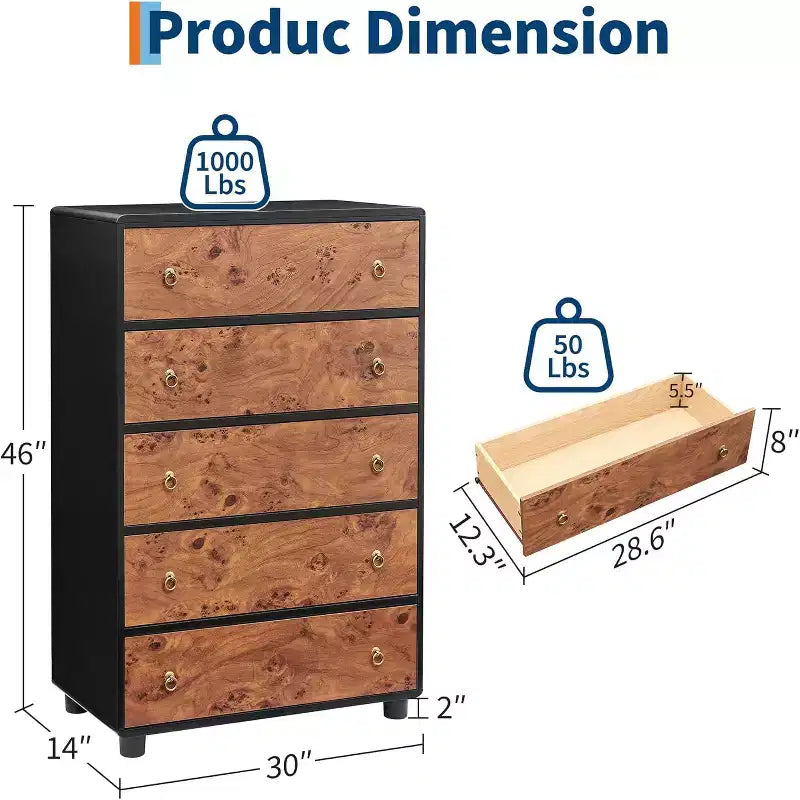 Modern Chest of Drawers with Natural Texture, Curved Profile Design, Dresser TV Stand, Wood Drawer Organizer for Bedroom, Living Room, Natural Oak