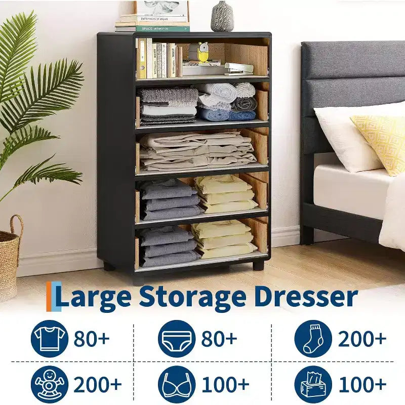 Modern Chest of Drawers with Natural Texture, Curved Profile Design, Dresser TV Stand, Wood Drawer Organizer for Bedroom, Living Room, Natural Oak
