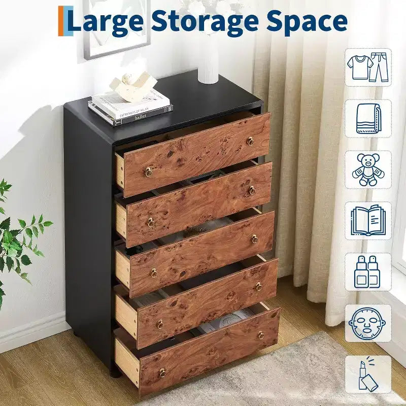 Modern Chest of Drawers with Natural Texture, Curved Profile Design, Dresser TV Stand, Wood Drawer Organizer for Bedroom, Living Room, Natural Oak