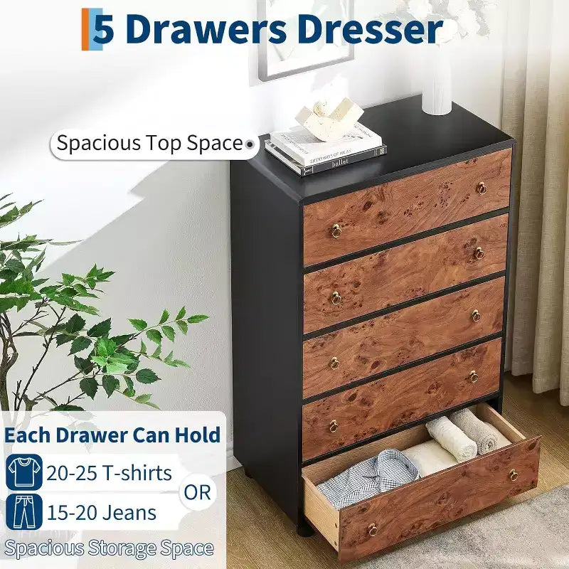 Modern Chest of Drawers with Natural Texture, Curved Profile Design, Dresser TV Stand, Wood Drawer Organizer for Bedroom, Living Room, Natural Oak