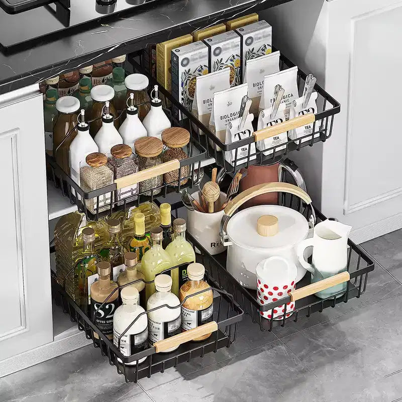 Pull Out Cabinet Organizer,Multifunctional Sliding Mesh Cabinet Basket with 2 Cars Lines, for Kitchen Pantry Bathroom Bedroom Black
