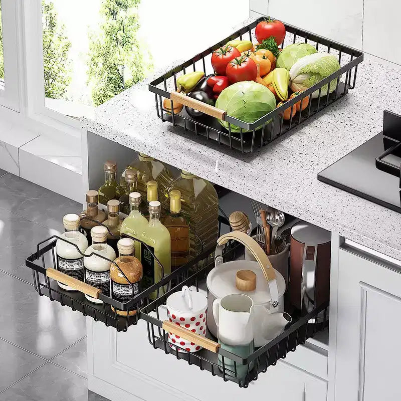 Pull Out Cabinet Organizer,Multifunctional Sliding Mesh Cabinet Basket with 2 Cars Lines, for Kitchen Pantry Bathroom Bedroom Black