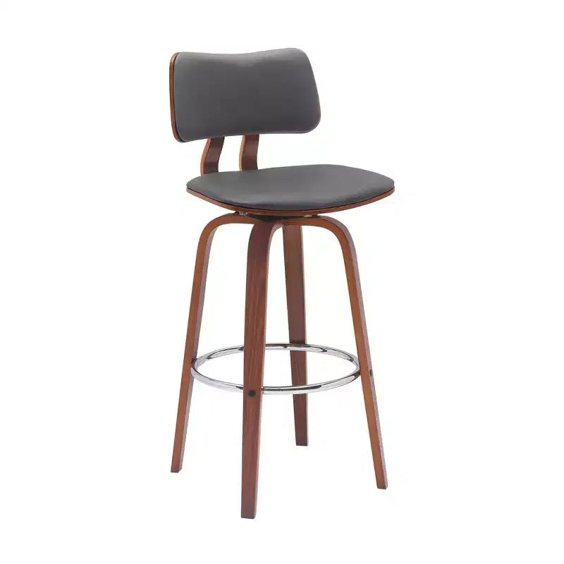30 Gray And Wood Brown Faux Leather Swivel Low Back Bar Height Bar Chair