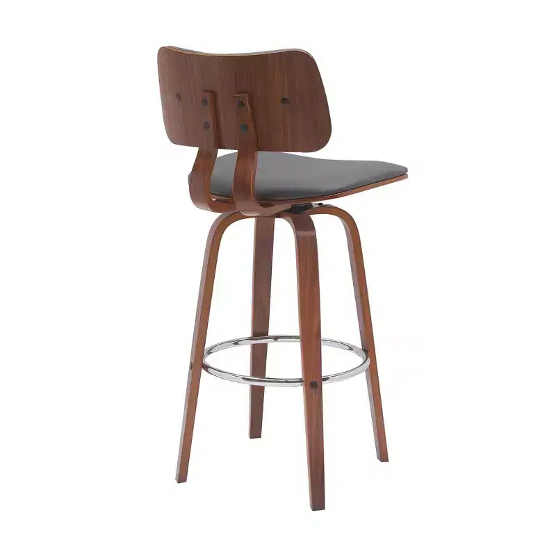 30 Gray And Wood Brown Faux Leather Swivel Low Back Bar Height Bar Chair