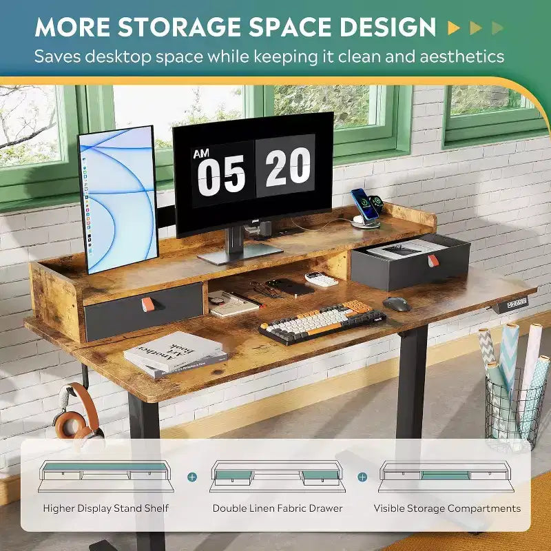 GALAXHERO 4824 Inch Electric Adjustable Standing Desk with Drawers for Home Office, Sit to Stand Desk with Storage Shelf