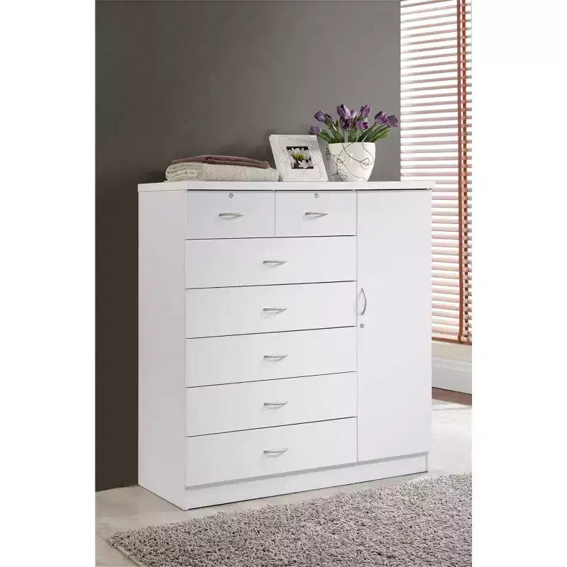 7 Drawer Jumbo Chest, Five Large Drawers, Two Smaller Drawers with Two Lock, Hanging Rod, and Three Shelves, Vertical Dresser