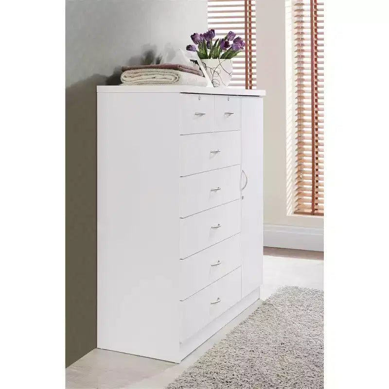 7 Drawer Jumbo Chest, Five Large Drawers, Two Smaller Drawers with Two Lock, Hanging Rod, and Three Shelves, Vertical Dresser