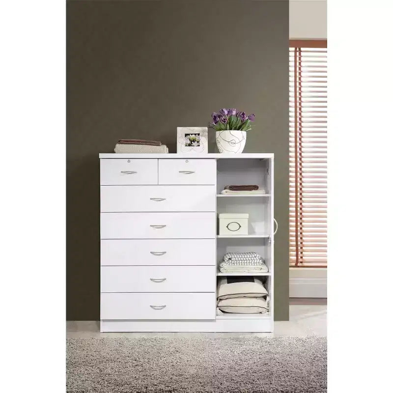 7 Drawer Jumbo Chest, Five Large Drawers, Two Smaller Drawers with Two Lock, Hanging Rod, and Three Shelves, Vertical Dresser