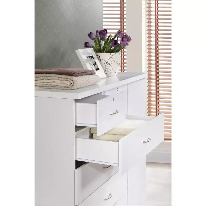 7 Drawer Jumbo Chest, Five Large Drawers, Two Smaller Drawers with Two Lock, Hanging Rod, and Three Shelves, Vertical Dresser