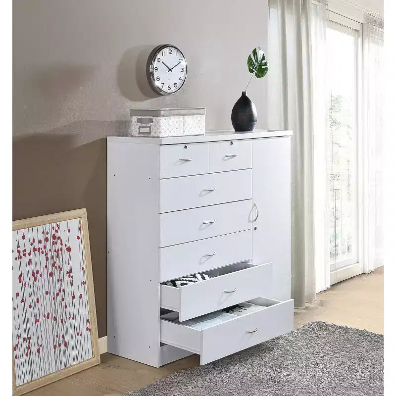 7 Drawer Jumbo Chest, Five Large Drawers, Two Smaller Drawers with Two Lock, Hanging Rod, and Three Shelves, Vertical Dresser