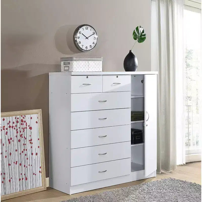 7 Drawer Jumbo Chest, Five Large Drawers, Two Smaller Drawers with Two Lock, Hanging Rod, and Three Shelves, Vertical Dresser