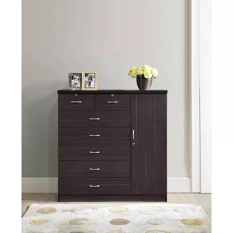 7 Drawer Jumbo Chest, Five Large Drawers, Two Smaller Drawers with Two Lock, Hanging Rod, and Three Shelves, Vertical Dresser