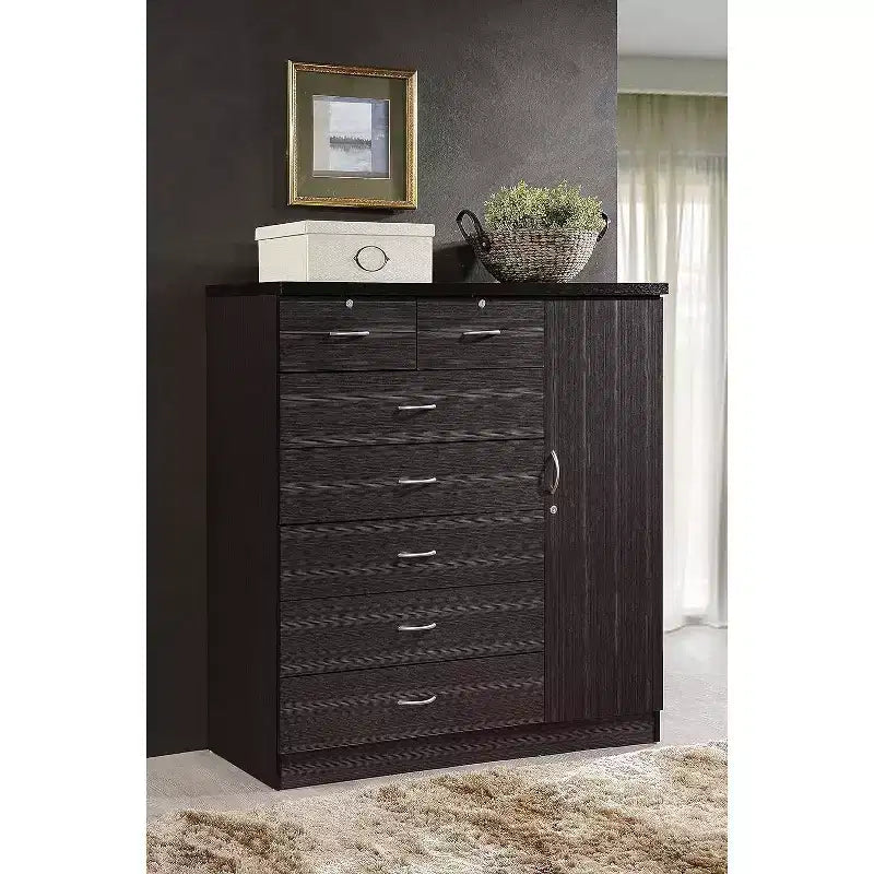 7 Drawer Jumbo Chest, Five Large Drawers, Two Smaller Drawers with Two Lock, Hanging Rod, and Three Shelves, Vertical Dresser