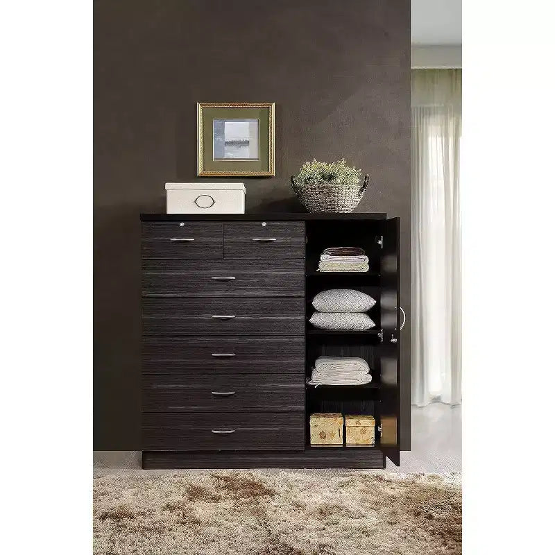 7 Drawer Jumbo Chest, Five Large Drawers, Two Smaller Drawers with Two Lock, Hanging Rod, and Three Shelves, Vertical Dresser