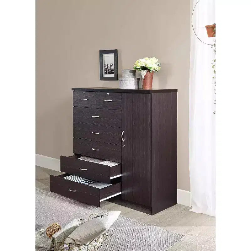 7 Drawer Jumbo Chest, Five Large Drawers, Two Smaller Drawers with Two Lock, Hanging Rod, and Three Shelves, Vertical Dresser