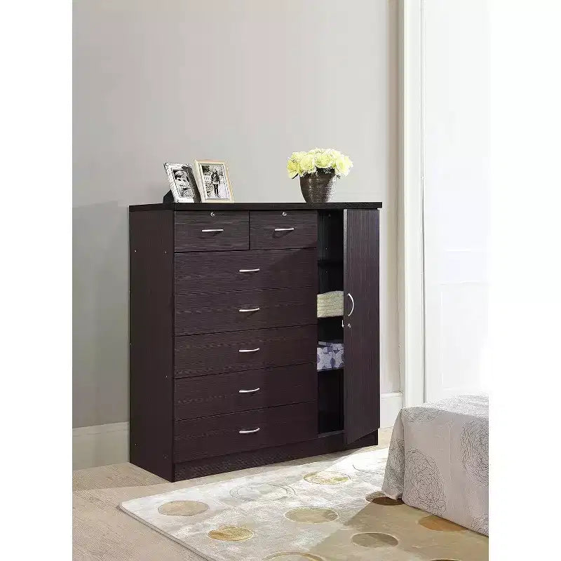 7 Drawer Jumbo Chest, Five Large Drawers, Two Smaller Drawers with Two Lock, Hanging Rod, and Three Shelves, Vertical Dresser