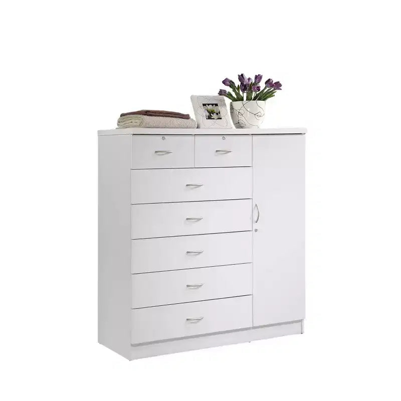 7 Drawer Jumbo Chest, Five Large Drawers, Two Smaller Drawers with Two Lock, Hanging Rod, and Three Shelves, Vertical Dresser