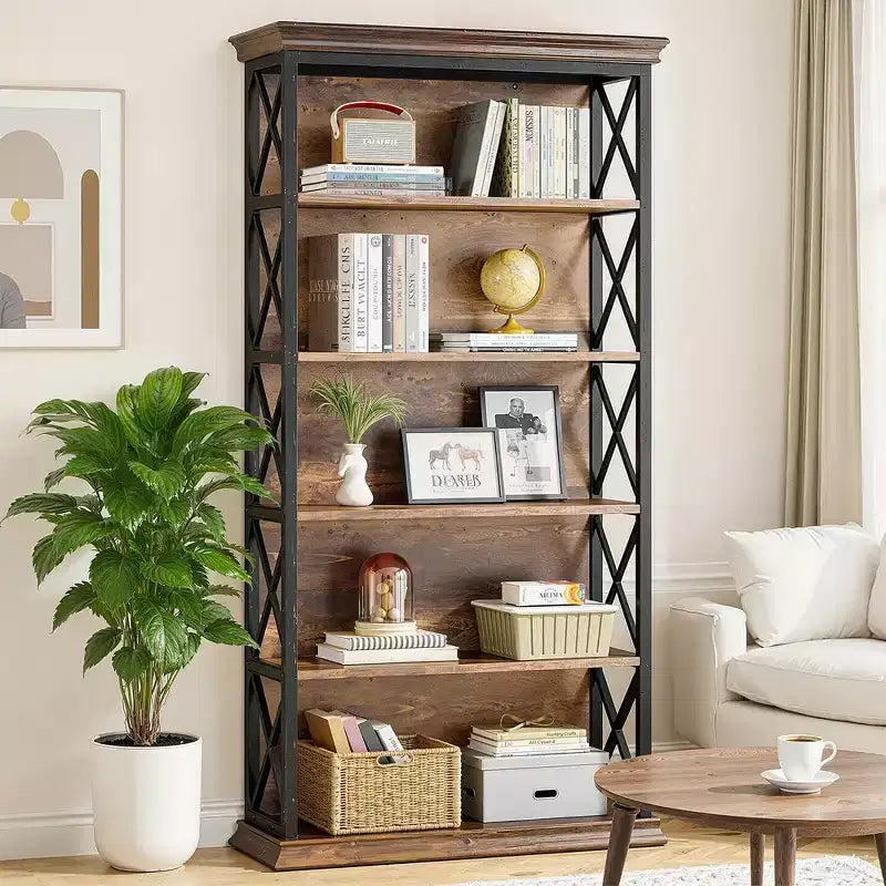 6-Tier Metal & Wood Bookcase with Stylish X Pattern Accents
