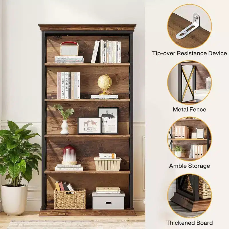 6-Tier Metal & Wood Bookcase with Stylish X Pattern Accents