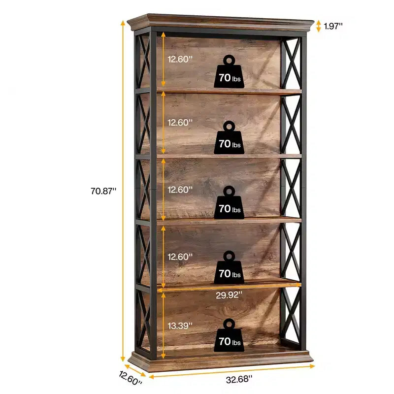 6-Tier Metal & Wood Bookcase with Stylish X Pattern Accents