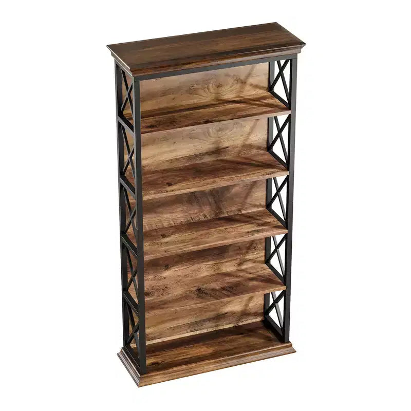 6-Tier Metal & Wood Bookcase with Stylish X Pattern Accents