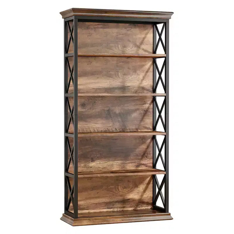 6-Tier Metal & Wood Bookcase with Stylish X Pattern Accents