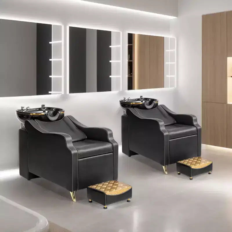 Black Salon Shampoo Bowl and Chair Backwash Unit with Extra Large Ceramic Bowl