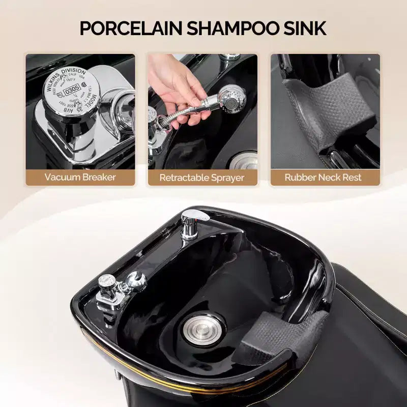 Black Salon Shampoo Bowl and Chair Backwash Unit with Extra Large Ceramic Bowl