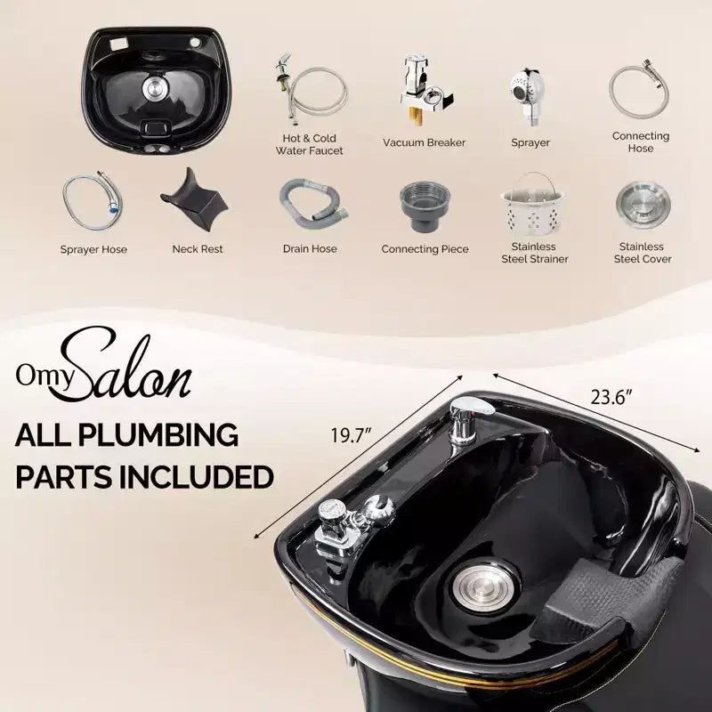 Black Salon Shampoo Bowl and Chair Backwash Unit with Extra Large Ceramic Bowl