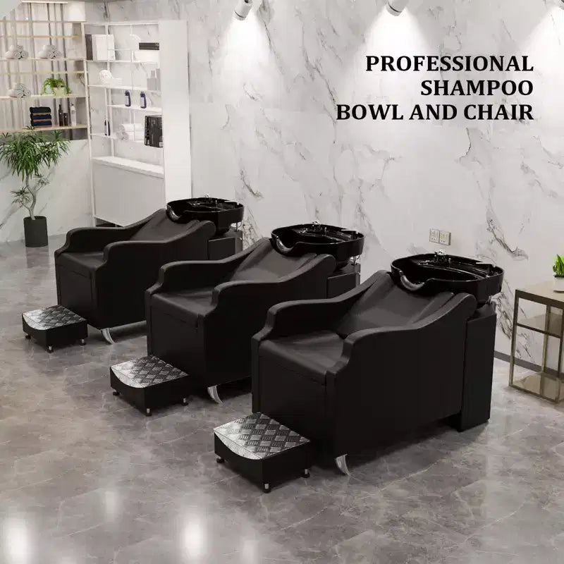 Black Salon Shampoo Bowl and Chair Backwash Unit with Extra Large Ceramic Bowl