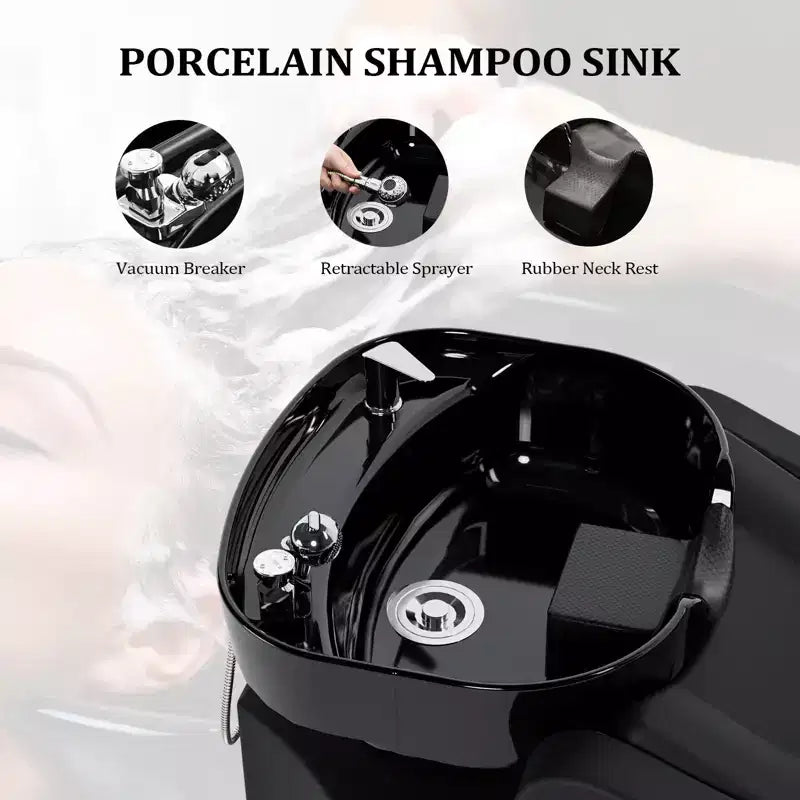 Black Salon Shampoo Bowl and Chair Backwash Unit with Extra Large Ceramic Bowl