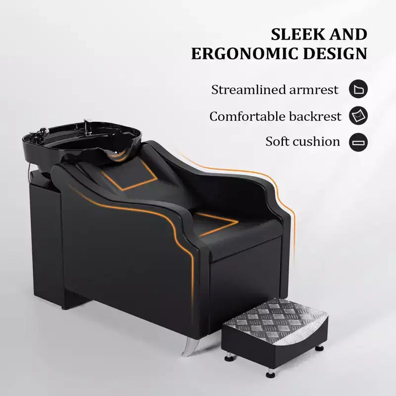 Black Salon Shampoo Bowl and Chair Backwash Unit with Extra Large Ceramic Bowl
