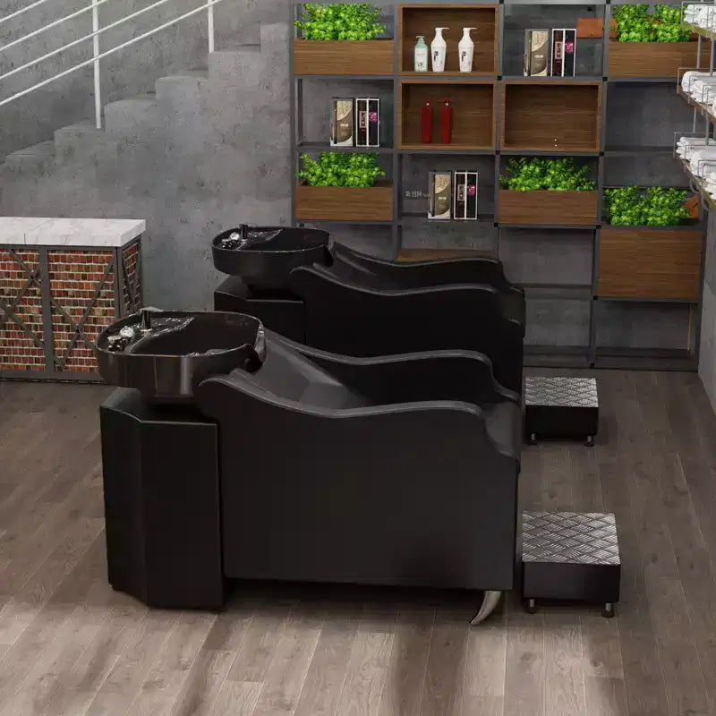 Black Salon Shampoo Bowl and Chair Backwash Unit with Extra Large Ceramic Bowl