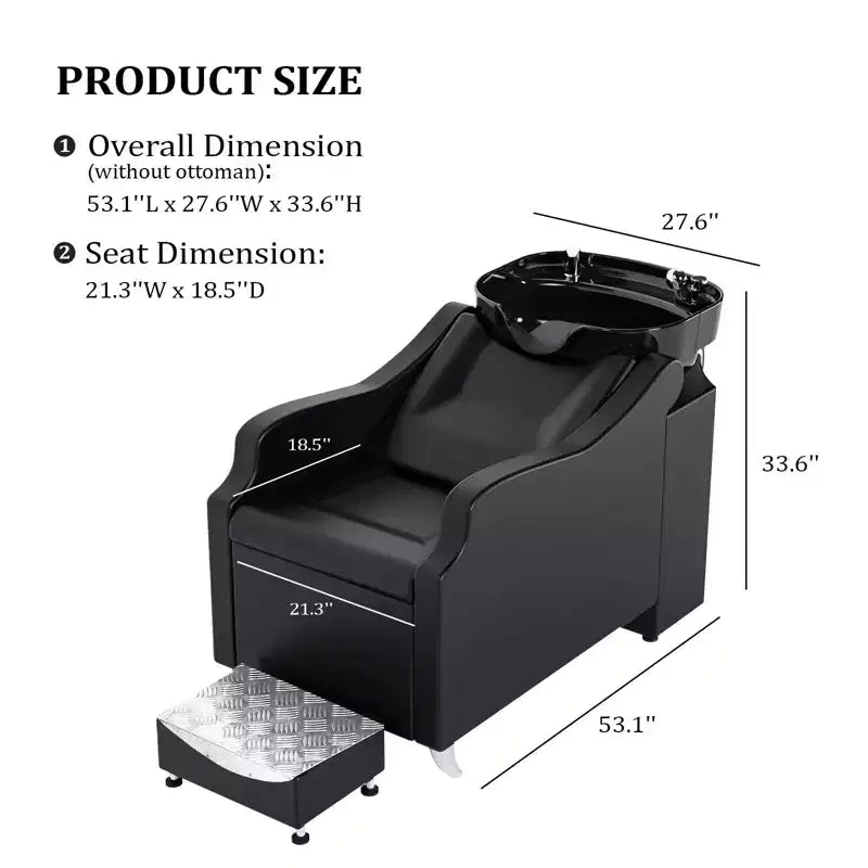 Black Salon Shampoo Bowl and Chair Backwash Unit with Extra Large Ceramic Bowl
