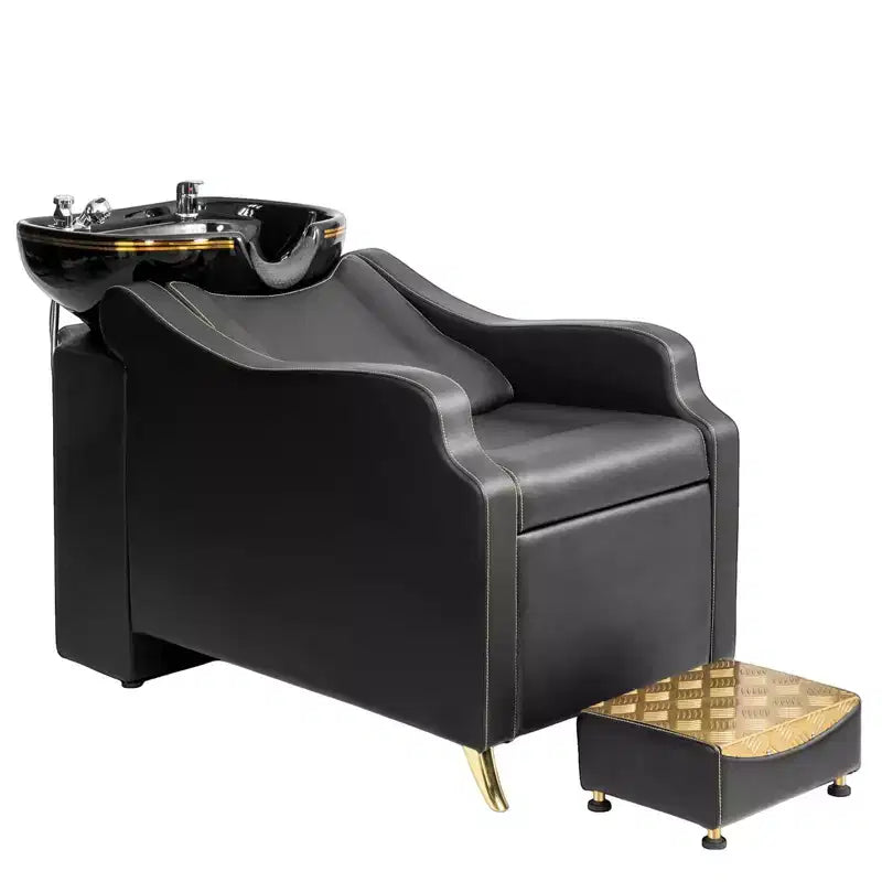Black Salon Shampoo Bowl and Chair Backwash Unit with Extra Large Ceramic Bowl
