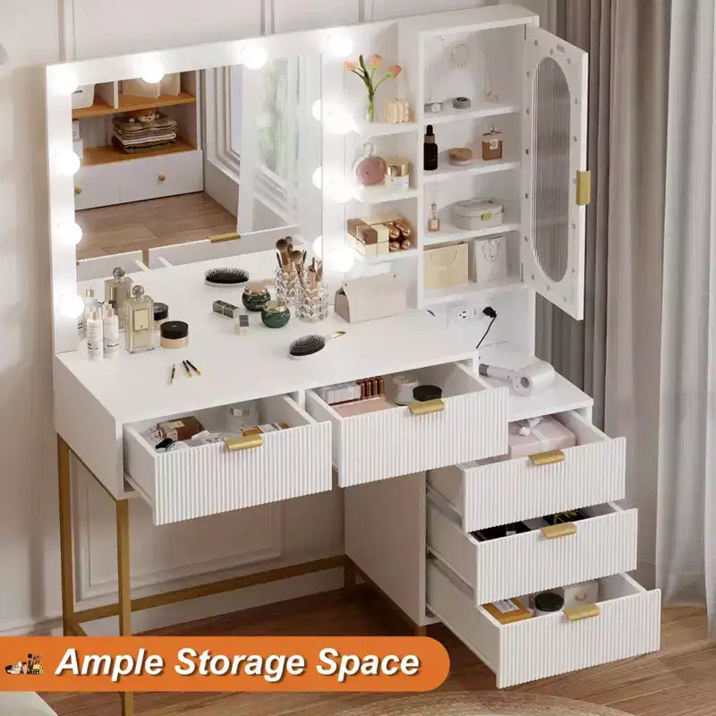 Modern Vanity Makeup Desk with Vanity Mirror, Built-in Lights, 5 Drawers, Power Outlet, Makeup Desk for Bedroom, White & Gold