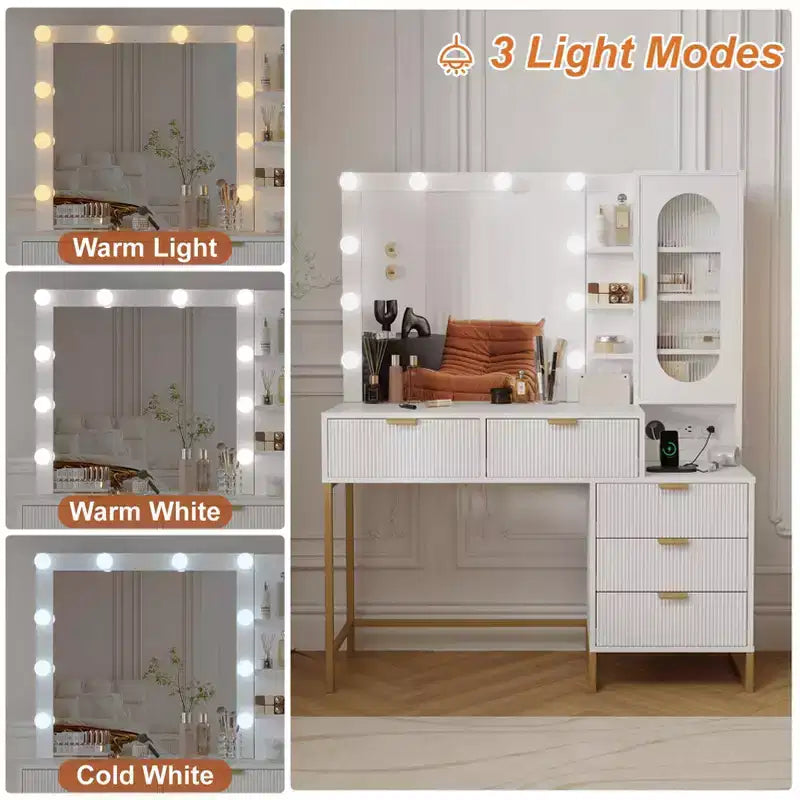 Modern Vanity Makeup Desk with Vanity Mirror, Built-in Lights, 5 Drawers, Power Outlet, Makeup Desk for Bedroom, White & Gold