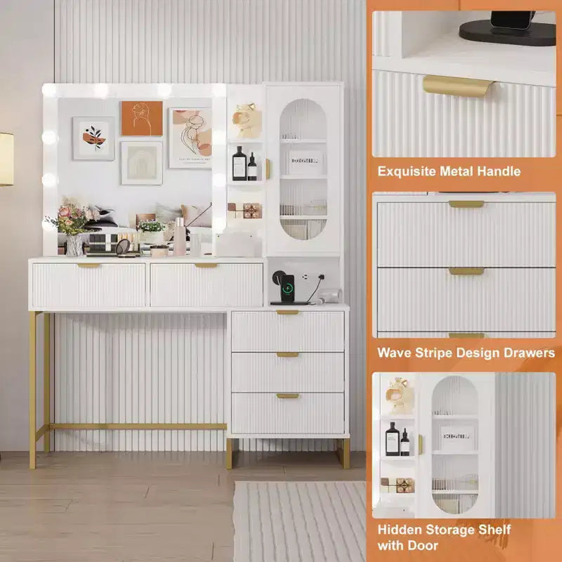 Modern Vanity Makeup Desk with Vanity Mirror, Built-in Lights, 5 Drawers, Power Outlet, Makeup Desk for Bedroom, White & Gold